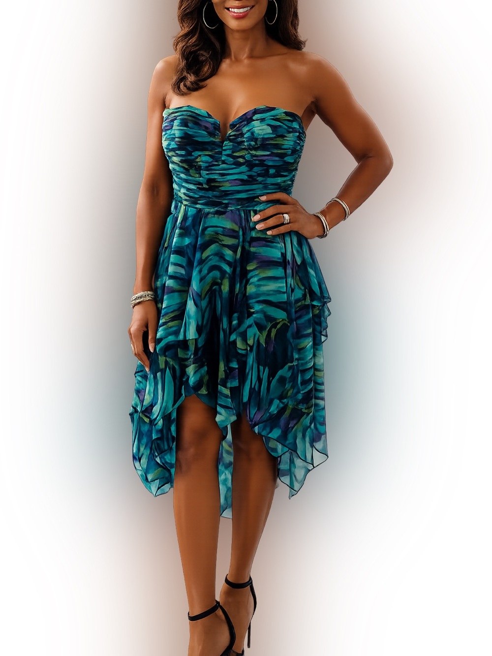 LN Hailey/Adrianna Papell SZ 8 multicolor abstract hi-lo cocktail dress/bust 32”